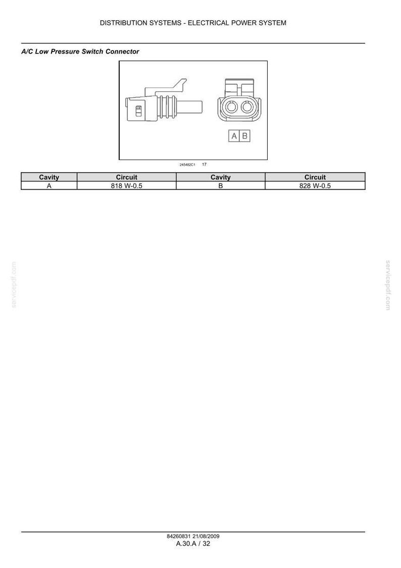 May include: Diagram of an A/C Low Pressure Switch Connector, with detailed illustrations of the connector and its components. Includes a table with cavity and circuit information. Text includes "DISTRIBUTION SYSTEMS - ELECTRICAL POWER SYSTEM".