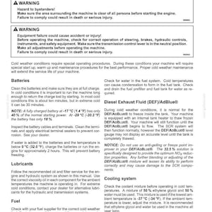 May include: A page from an operating manual detailing cold temperature operation for a machine. It includes warnings about hazards, instructions for batteries, lubricants, fuel, and diesel exhaust fluid, and a cooling system. The text is in black.