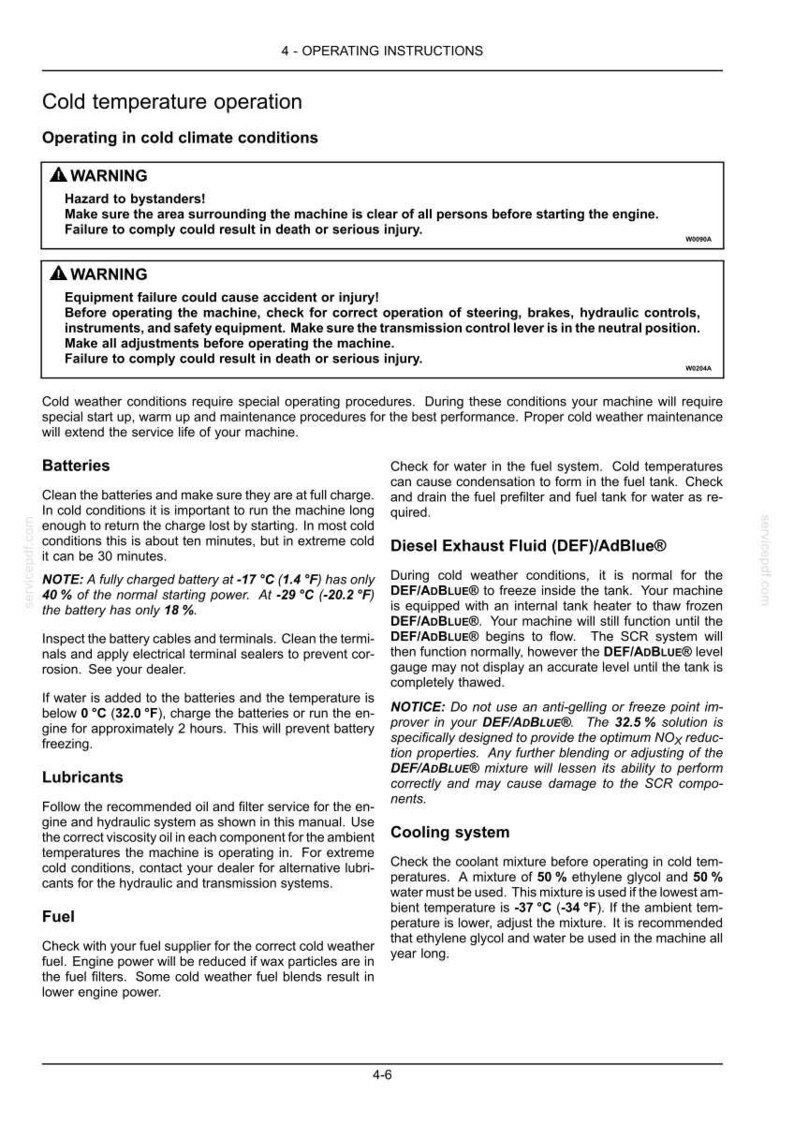 May include: A page from an operating manual detailing cold temperature operation for a machine. It includes warnings about hazards, instructions for batteries, lubricants, fuel, and diesel exhaust fluid, and a cooling system. The text is in black.