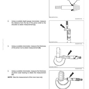 Op de afbeelding: Diagram met de procedure voor het meten van de voorspanning van een kegelwiel op een vooras. De afbeelding toont stappen met pijlen die onderdelen en gereedschappen aangeven, zoals een micrometer en dieptemeter.