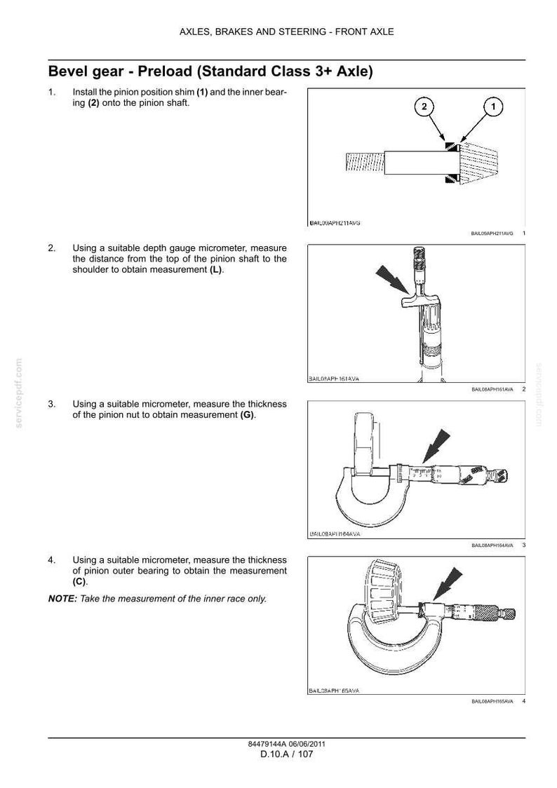Op de afbeelding: Diagram met de procedure voor het meten van de voorspanning van een kegelwiel op een vooras. De afbeelding toont stappen met pijlen die onderdelen en gereedschappen aangeven, zoals een micrometer en dieptemeter.