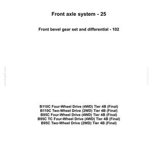 May include: A white document with the "NEW HOLLAND CONSTRUCTION" logo. Text includes "Front axle system - 25" and specifications for B110C and B95C models, including four-wheel and two-wheel drive options.