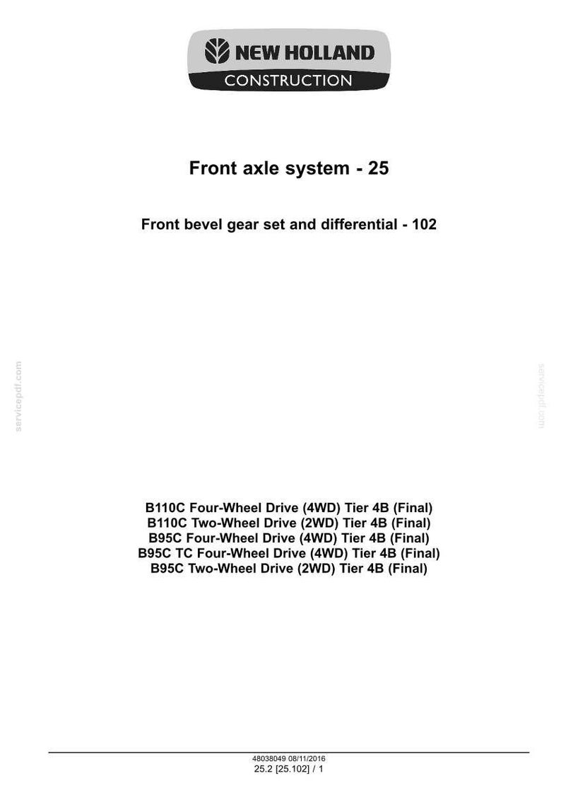 May include: A white document with the "NEW HOLLAND CONSTRUCTION" logo. Text includes "Front axle system - 25" and specifications for B110C and B95C models, including four-wheel and two-wheel drive options.