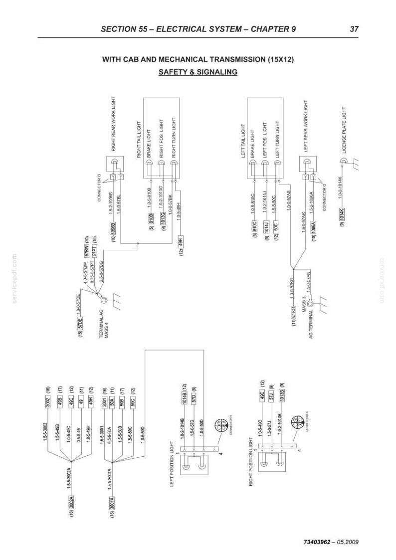May include: Diagram of an electrical system with labels for safety and signaling components, including lights and connectors. Text includes "SECTION 55 - ELECTRICAL SYSTEM - CHAPTER 9" and "SAFETY & SIGNALING".