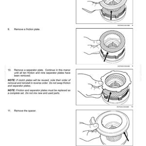 May include: Diagram from a manual showing steps for removing parts from a hydraulic system. The steps include removing the backing plate, friction plate, separator plate, and spacer. The image is in black and white.