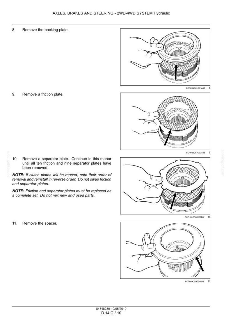 May include: Diagram from a manual showing steps for removing parts from a hydraulic system. The steps include removing the backing plate, friction plate, separator plate, and spacer. The image is in black and white.