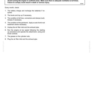 May include: A technical document page titled 7-MAINTENANCE featuring a section on Periodic checks. It includes a warning box regarding inhalation hazards and a numbered list of eight maintenance steps for machinery, including battery and engine checks.