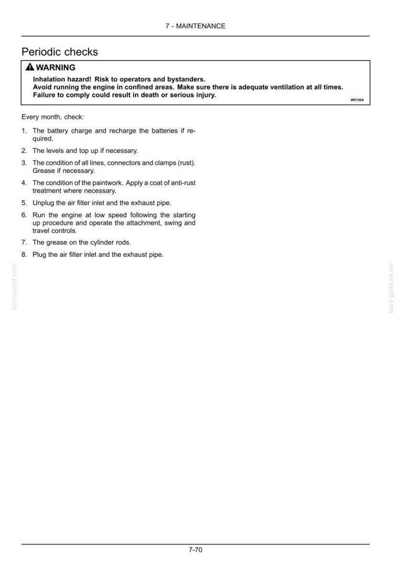May include: A technical document page titled 7-MAINTENANCE featuring a section on Periodic checks. It includes a warning box regarding inhalation hazards and a numbered list of eight maintenance steps for machinery, including battery and engine checks.