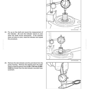 K&ouml;nnte beinhalten: Diagramm eines Hydrauliksystems mit einer Verstellpumpe. Das Bild zeigt Schritte zum Installieren und Verwenden einer Messuhr zur Messung der Wellenbewegung. Enth&auml;lt Messungen in Millimetern.