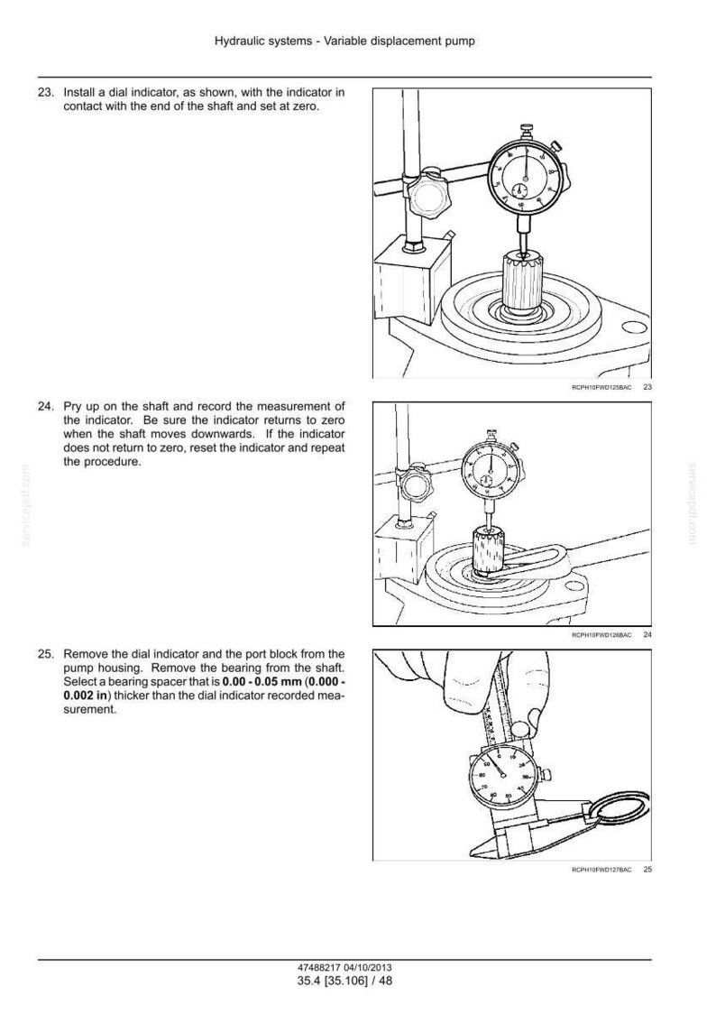K&ouml;nnte beinhalten: Diagramm eines Hydrauliksystems mit einer Verstellpumpe. Das Bild zeigt Schritte zum Installieren und Verwenden einer Messuhr zur Messung der Wellenbewegung. Enth&auml;lt Messungen in Millimetern.