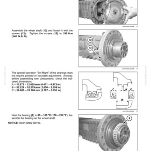 May include: Diagram of a front axle system with instructions for assembly. Includes steps for installing an O-ring, wheel shaft, and tightening screws to 190 N&middot;m (140.14 lb ft). Also shows bearing dimensions in inches and millimeters.