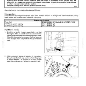 May include: Diagram from a maintenance manual detailing hydraulic oil level checks. Includes warnings about pressurized fluid and instructions for checking the oil level in the sight gauge and filling the tank. The manual specifies CASE AKCELA HYDRAULIC EXCAVATOR FLUID.