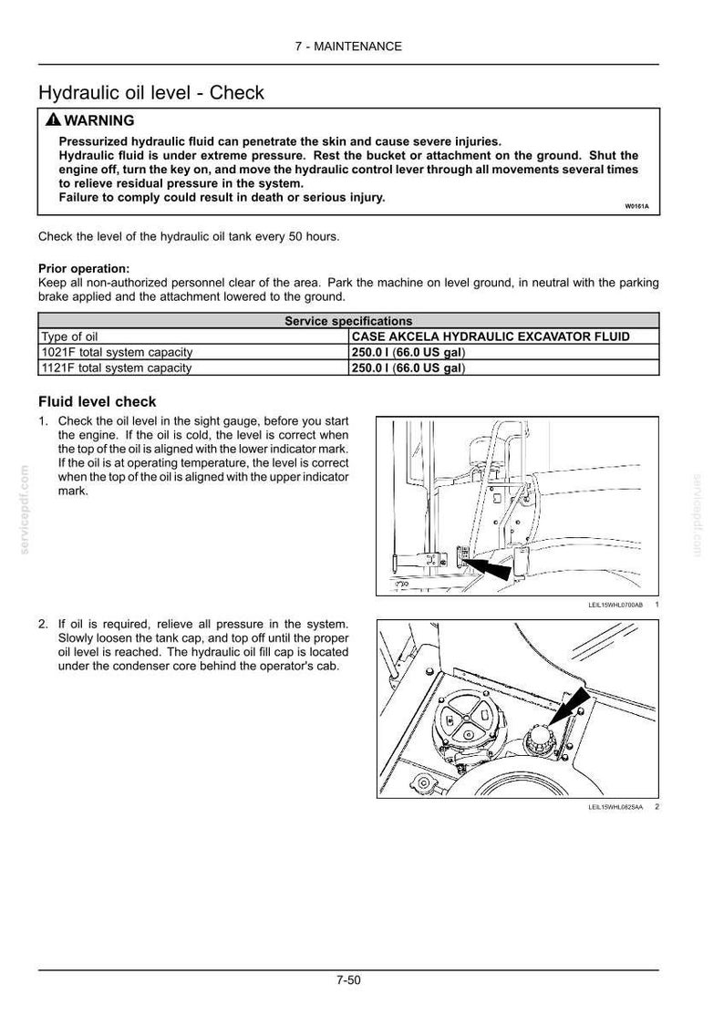 May include: Diagram from a maintenance manual detailing hydraulic oil level checks. Includes warnings about pressurized fluid and instructions for checking the oil level in the sight gauge and filling the tank. The manual specifies CASE AKCELA HYDRAULIC EXCAVATOR FLUID.