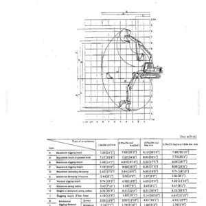May include: A technical diagram labeled K904L-D BACKHOE ATTACHMENT showing a side profile of an excavator with a grid overlay. A table below lists specifications for various arm lengths in meters and feet, including digging reach, depth, and height.