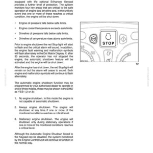 Puede incluir: Una p&aacute;gina de manual t&eacute;cnico titulada Section 3 Field Operations que detalla un sistema de apagado autom&aacute;tico del motor. Incluye un diagrama del tablero de un tractor con un bot&oacute;n cuadrado con la palabra STOP e iconos.