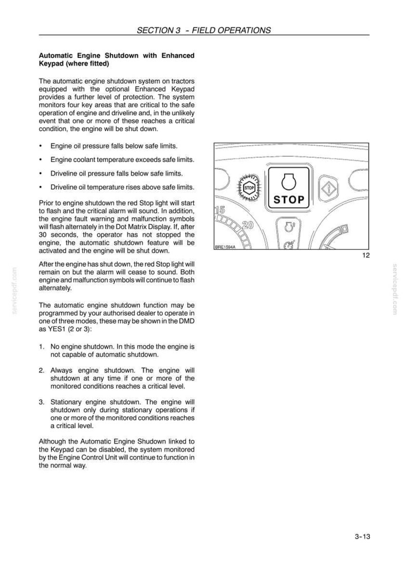 Puede incluir: Una p&aacute;gina de manual t&eacute;cnico titulada Section 3 Field Operations que detalla un sistema de apagado autom&aacute;tico del motor. Incluye un diagrama del tablero de un tractor con un bot&oacute;n cuadrado con la palabra STOP e iconos.