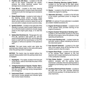 May include: A technical document page titled SECTION 55 - ELECTRICAL SYSTEM - CHAPTER 5, listing twenty numbered components of a tractor's electrical system, including battery, switches, and sensors, with detailed location and functional descriptions.