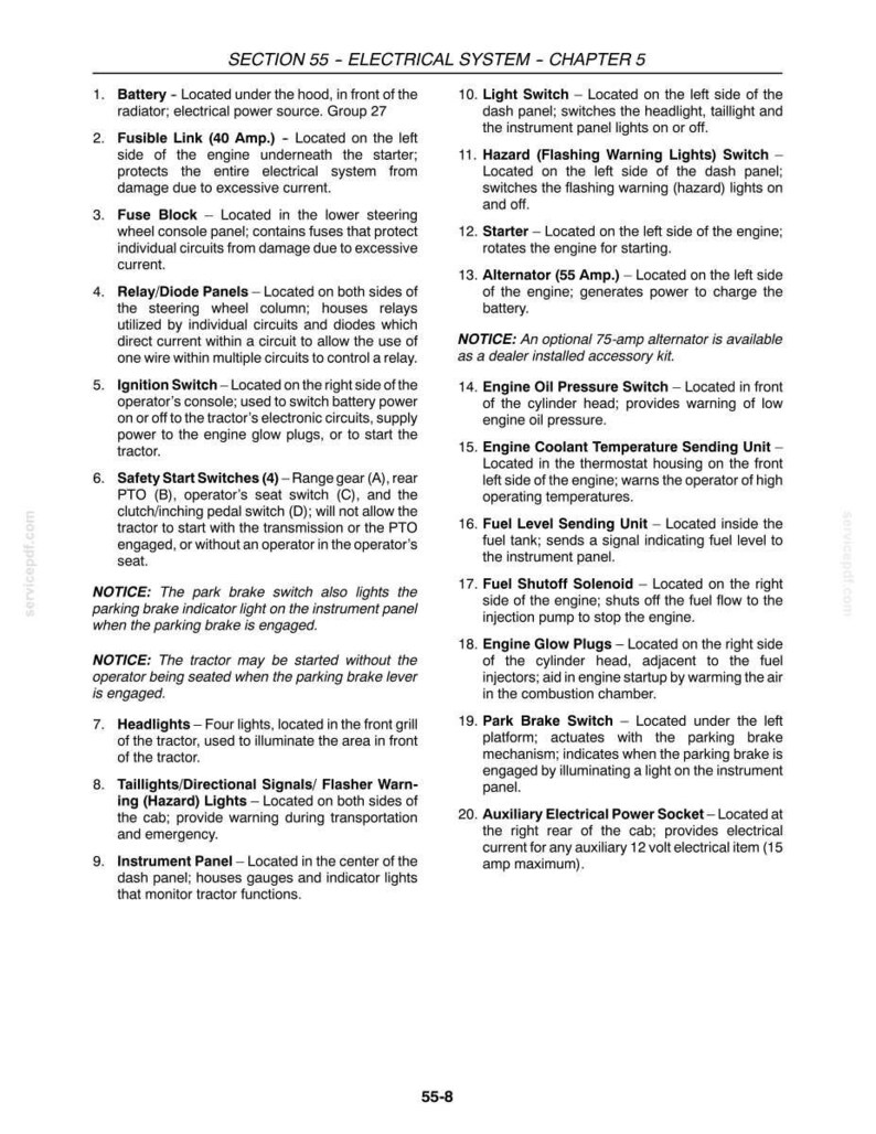 May include: A technical document page titled SECTION 55 - ELECTRICAL SYSTEM - CHAPTER 5, listing twenty numbered components of a tractor's electrical system, including battery, switches, and sensors, with detailed location and functional descriptions.