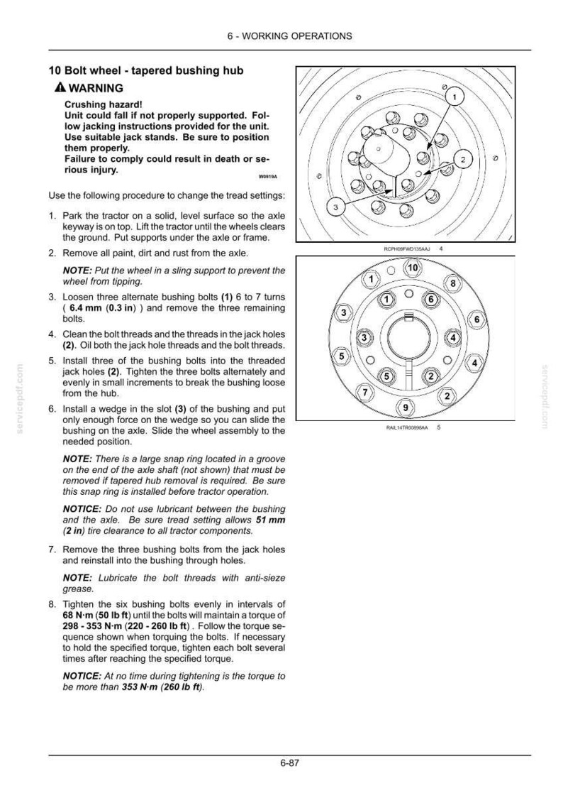 May include: A technical manual page titled 6-WORKING OPERATIONS detailing the 10 Bolt wheel - tapered bushing hub procedure. It includes a warning about crushing hazards, numbered step-by-step instructions, and two technical diagrams showing bolt patterns.