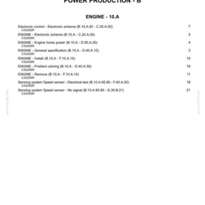 May include: A white document with the title "Index" and the heading "POWER PRODUCTION - B". The document lists various engine-related topics, including "Electronic control", "Engine horse power", and "Sensing system Speed sensor".