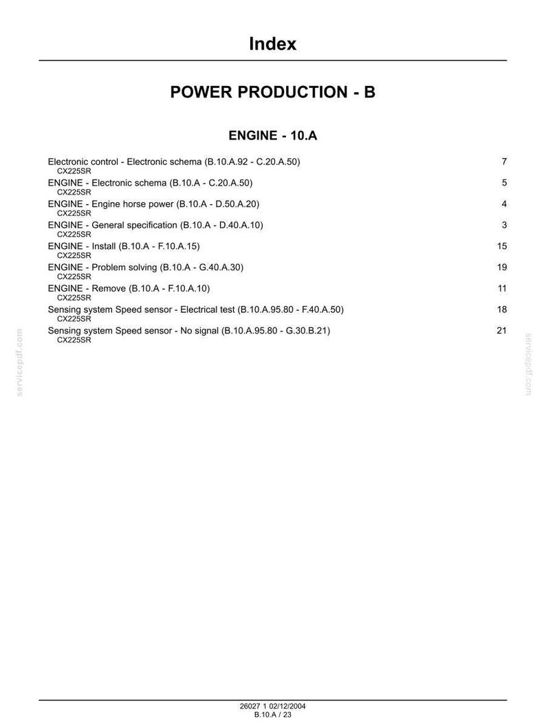 May include: A white document with the title "Index" and the heading "POWER PRODUCTION - B". The document lists various engine-related topics, including "Electronic control", "Engine horse power", and "Sensing system Speed sensor".