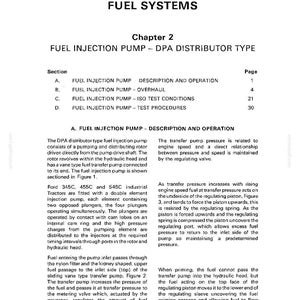 Op de afbeelding: Een pagina uit een handleiding over brandstofsystemen, met details over beschrijvingen en werking van brandstofinjectiepompen. De tekst bevat secties over DPA-verdelerpompen en ISO-testcondities. De handleiding is voor industri&euml;le tractoren.