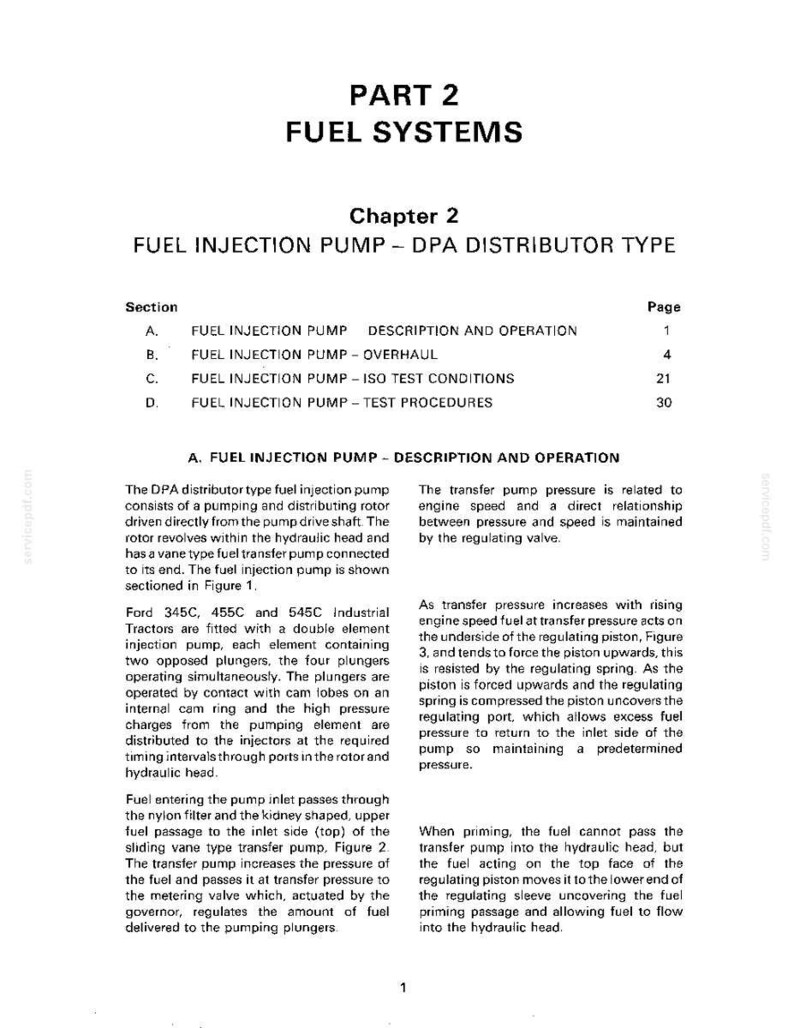 Op de afbeelding: Een pagina uit een handleiding over brandstofsystemen, met details over beschrijvingen en werking van brandstofinjectiepompen. De tekst bevat secties over DPA-verdelerpompen en ISO-testcondities. De handleiding is voor industri&euml;le tractoren.