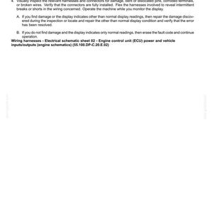 May include: A white document with black text detailing electrical system fault codes. The document includes instructions for troubleshooting wiring harnesses and engine control units. The document also includes a date and a reference number.