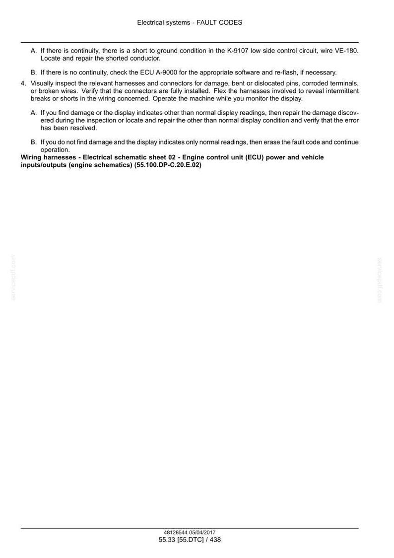 May include: A white document with black text detailing electrical system fault codes. The document includes instructions for troubleshooting wiring harnesses and engine control units. The document also includes a date and a reference number.