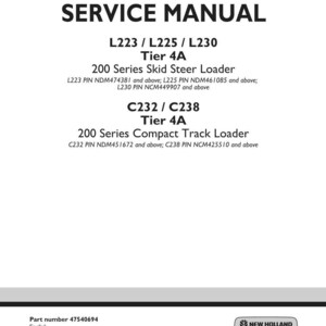 May include: A white service manual with black text. The title "SERVICE MANUAL" is at the top. Below, it lists models L223, L225, L230, C232, and C238, with "Tier 4A" and loader types. The New Holland Construction logo is at the bottom.