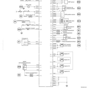 May include: Diagram of an Engine Control Module (ECM) with various sensors, relays, and connectors. The schematic includes labels for components like the CKP sensor, EGR valve, and fuel temperature sensor, with a white background.
