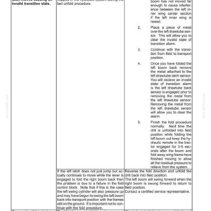 Pu&ograve; includere: Un documento tecnico intitolato FIELD PROCESSING - SOIL PREPARATION Planting, che presenta una tabella con colonne per Problema, Possibile causa e Correzione. Dettaglia i passaggi per la risoluzione dei problemi di ripiegamento dei bracci della seminatrice e le specifiche di coppia dei bulloni a V.