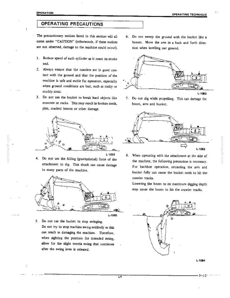 May include: A technical manual page titled OPERATION PRECAUTIONS featuring eight numbered instructions and four black and white line drawings of a crawler excavator. The diagrams illustrate correct and incorrect digging techniques for heavy machinery.