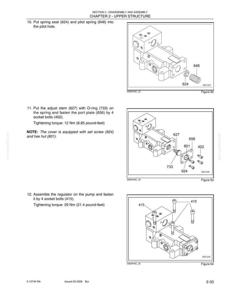 May include: A technical manual page titled Section 3 - Disassembly and Assembly, Chapter 2 - Upper Structure. It features three diagrams labeled Figure 62, 63, and 64, illustrating the assembly of a mechanical pump component with numbered parts.