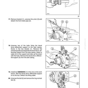 May include: Technical diagram illustrating mechanical front axle disassembly steps. Includes images of tools and components with numbered labels. Text instructions accompany each step, detailing the removal of bolts, brackets, and pipes.