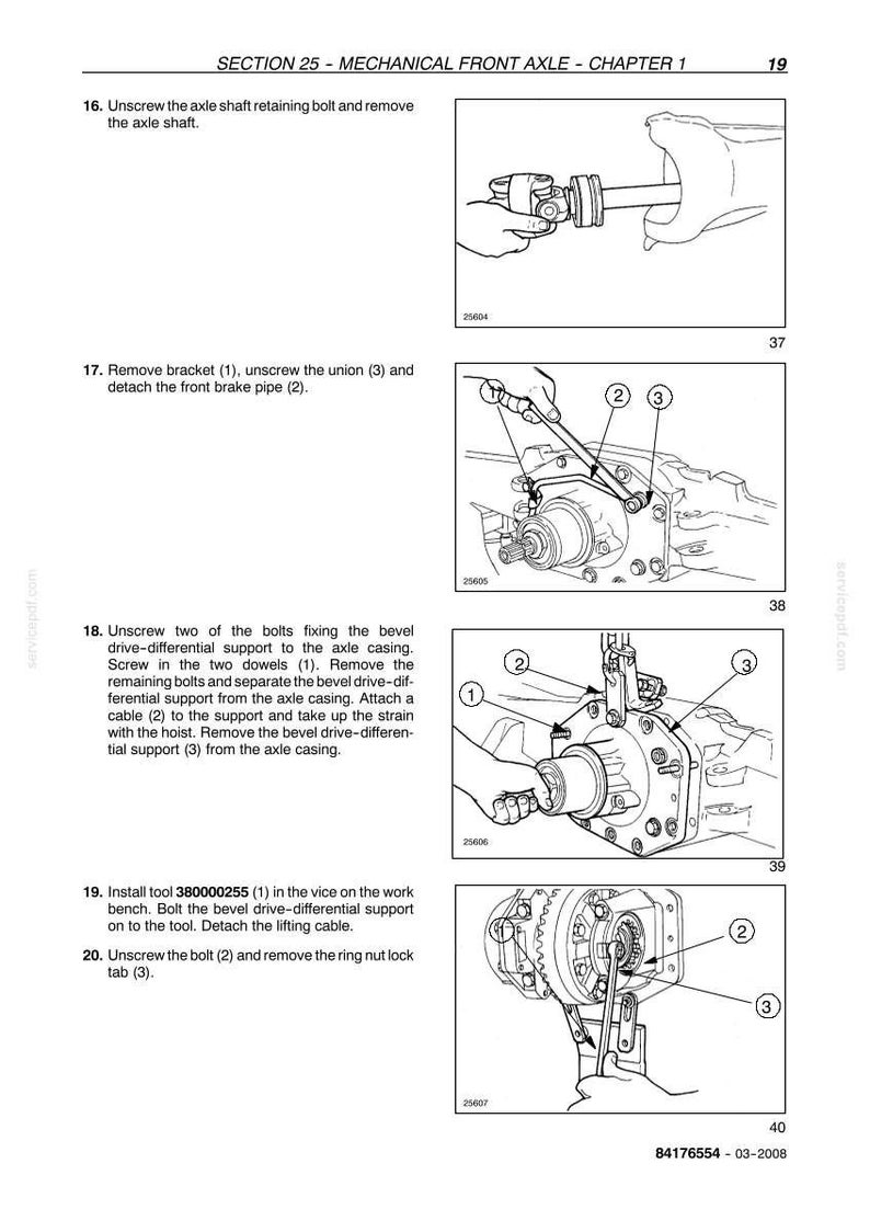 May include: Technical diagram illustrating mechanical front axle disassembly steps. Includes images of tools and components with numbered labels. Text instructions accompany each step, detailing the removal of bolts, brackets, and pipes.