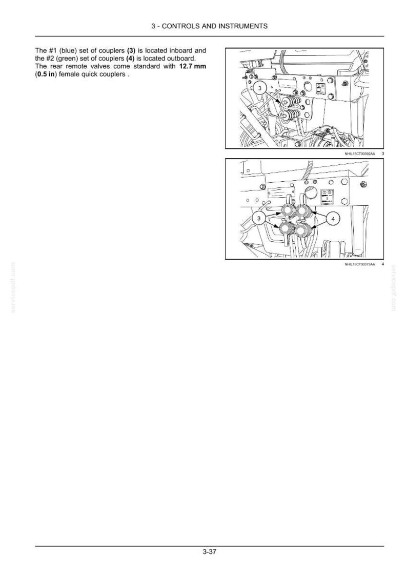 Pu&ograve; includere: Un diagramma tecnico intitolato 3-CONTROLS AND INSTRUMENTS che mostra due set di accoppiatori. Il testo indica che il set blu n. 1 si trova all'interno e il set verde n. 2 all'esterno, con accoppiatori rapidi femmina da 12,7 mm.
