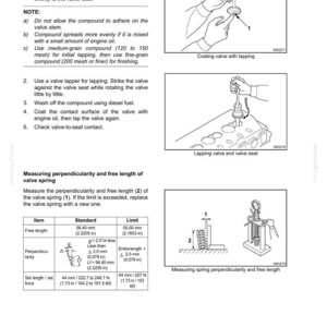 May include: A technical manual page titled E135B Inspection and Repair of Basic Engine. It contains instructions for lapping valves and valve seats, and a table detailing standard and limit measurements for valve spring length and perpendicularity.