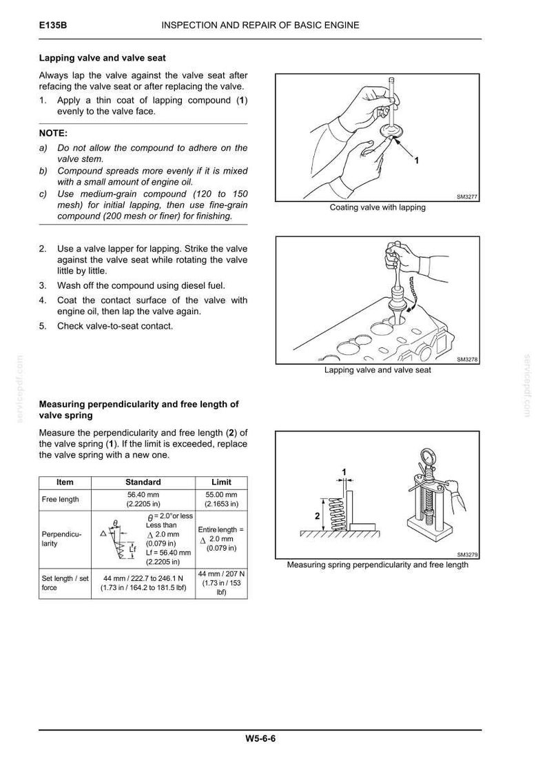 May include: A technical manual page titled E135B Inspection and Repair of Basic Engine. It contains instructions for lapping valves and valve seats, and a table detailing standard and limit measurements for valve spring length and perpendicularity.