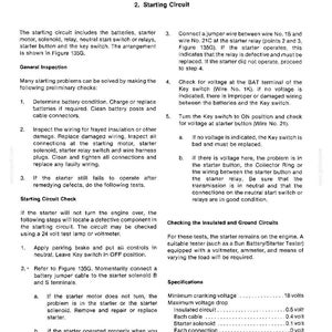May include: A page from a manual titled "Electrical System" with instructions for the starting circuit. Includes diagrams, troubleshooting steps, and specifications for voltage and components.