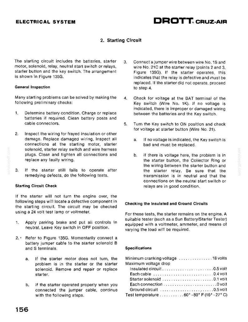 May include: A page from a manual titled "Electrical System" with instructions for the starting circuit. Includes diagrams, troubleshooting steps, and specifications for voltage and components.