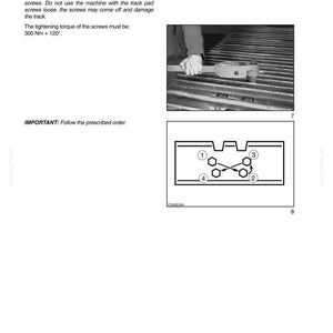 May include: Page from a manual with the title "SECTION 8 - MAINTENANCE/ADJUSTMENTS". The text describes tightening torque for track pad screws, specifying 300 Nm + 120&deg;. Includes a diagram with numbered screw locations and an image of a person using a tool.
