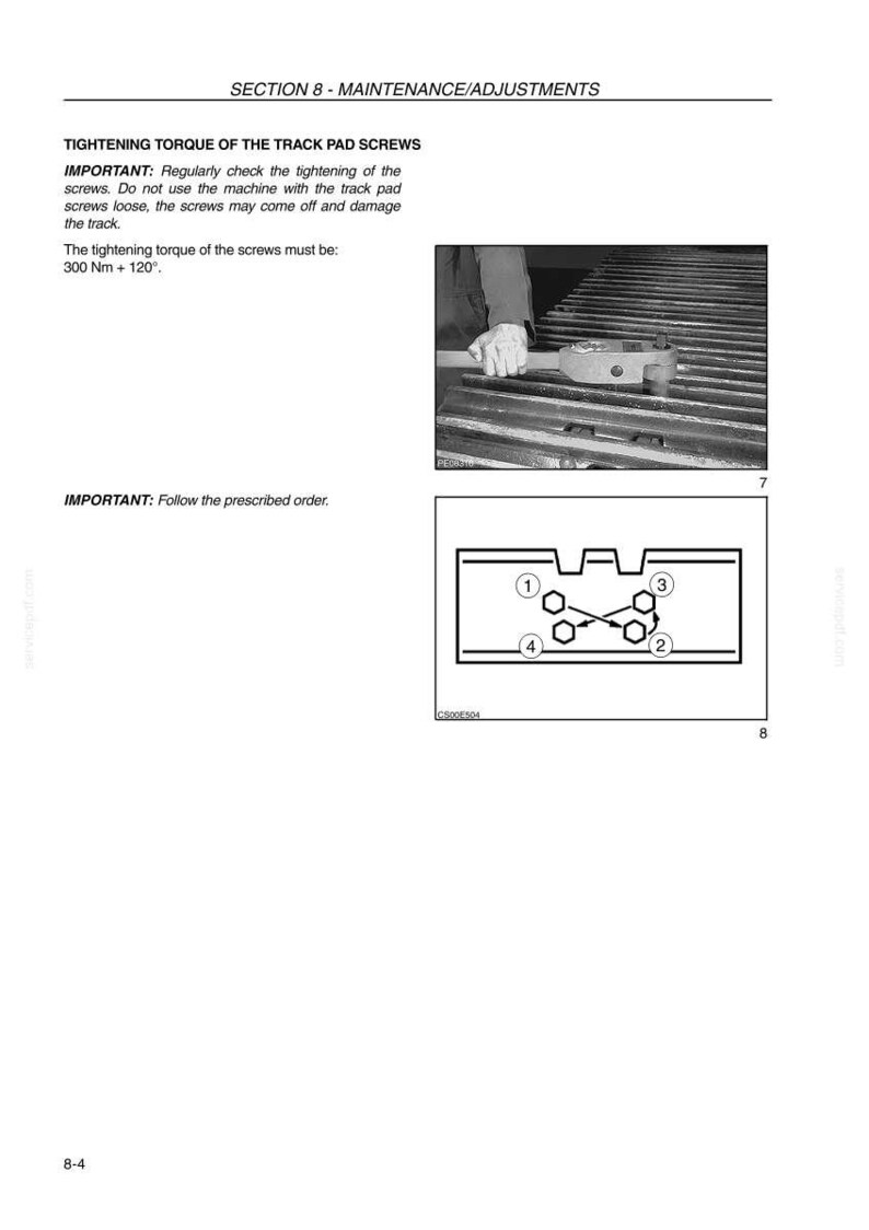 May include: Page from a manual with the title "SECTION 8 - MAINTENANCE/ADJUSTMENTS". The text describes tightening torque for track pad screws, specifying 300 Nm + 120&deg;. Includes a diagram with numbered screw locations and an image of a person using a tool.