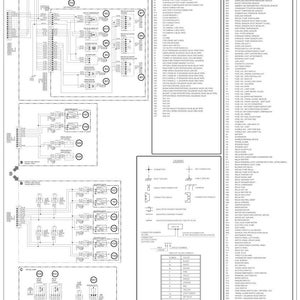 Op de afbeelding: Een gedetailleerd elektrisch schema voor een CX350C / CX370C graafmachine. Het diagram is zwart-wit en bevat talrijke lijnen, symbolen en tekstlabels. Het schema bevat een legenda en artikelbeschrijvingen, die een uitgebreid overzicht geven van het elektrische systeem van de graafmachine.