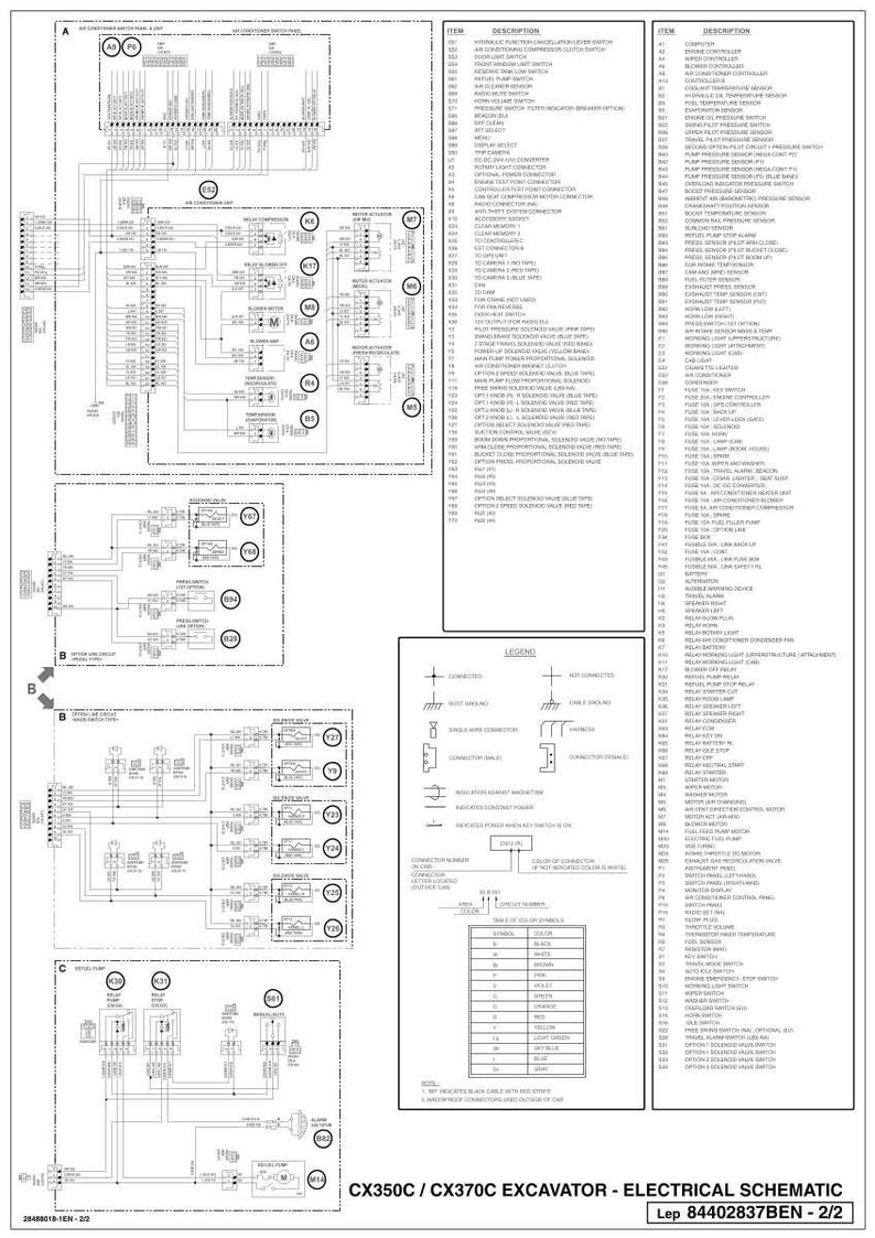 Op de afbeelding: Een gedetailleerd elektrisch schema voor een CX350C / CX370C graafmachine. Het diagram is zwart-wit en bevat talrijke lijnen, symbolen en tekstlabels. Het schema bevat een legenda en artikelbeschrijvingen, die een uitgebreid overzicht geven van het elektrische systeem van de graafmachine.