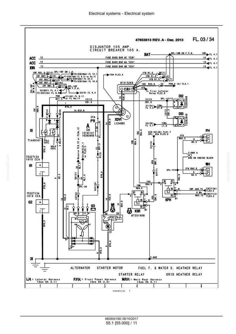 May include: Schematic diagram of an electrical system, featuring a circuit breaker, relays, and wiring. Text includes "DISJUNTOR 105 AMP CIRCUIT BREAKER 105 A." and "Electrical systems - Electrical system." The diagram is in black and white.