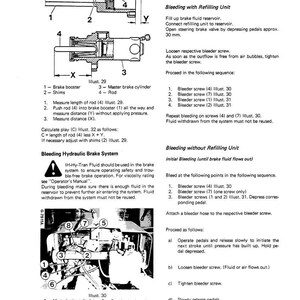 Op de afbeelding: Diagram van een service remsysteem met gedetailleerde illustraties en instructies voor het ontluchten van het hydraulische systeem. Bevat diagrammen van remcomponenten en een waarschuwing over het gebruik van IH-Hy-Tran vloeistof.