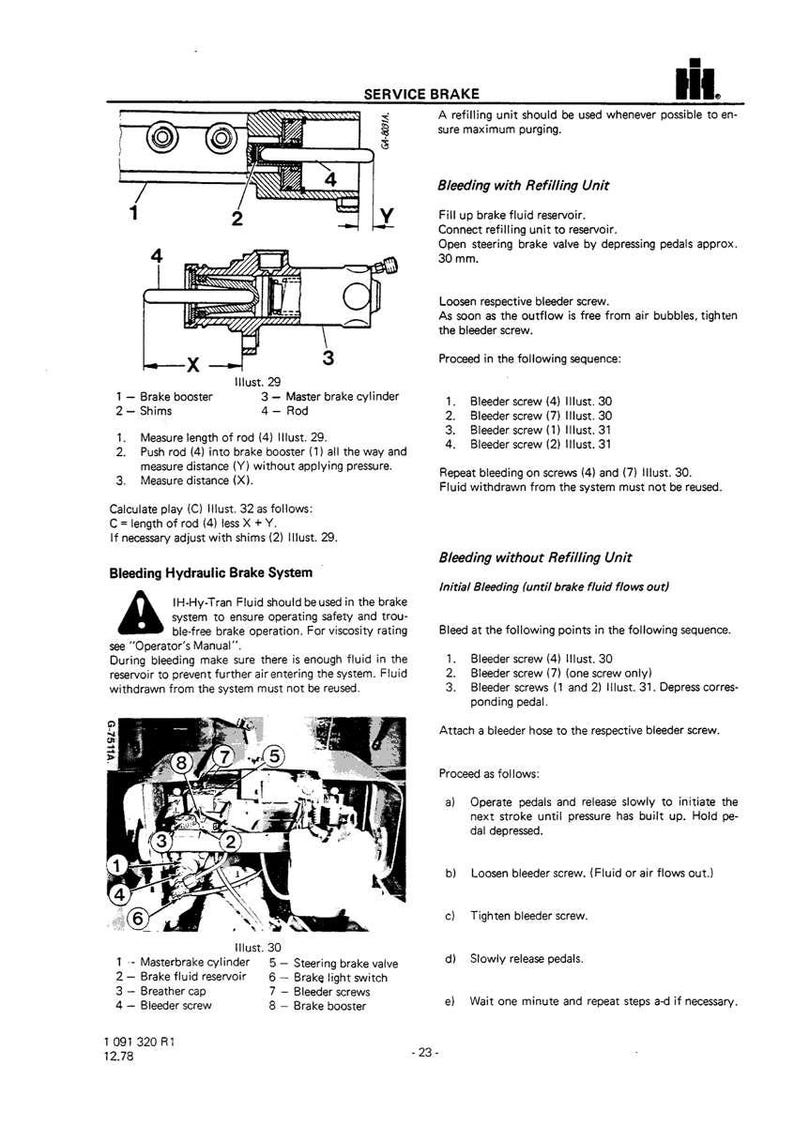 Op de afbeelding: Diagram van een service remsysteem met gedetailleerde illustraties en instructies voor het ontluchten van het hydraulische systeem. Bevat diagrammen van remcomponenten en een waarschuwing over het gebruik van IH-Hy-Tran vloeistof.