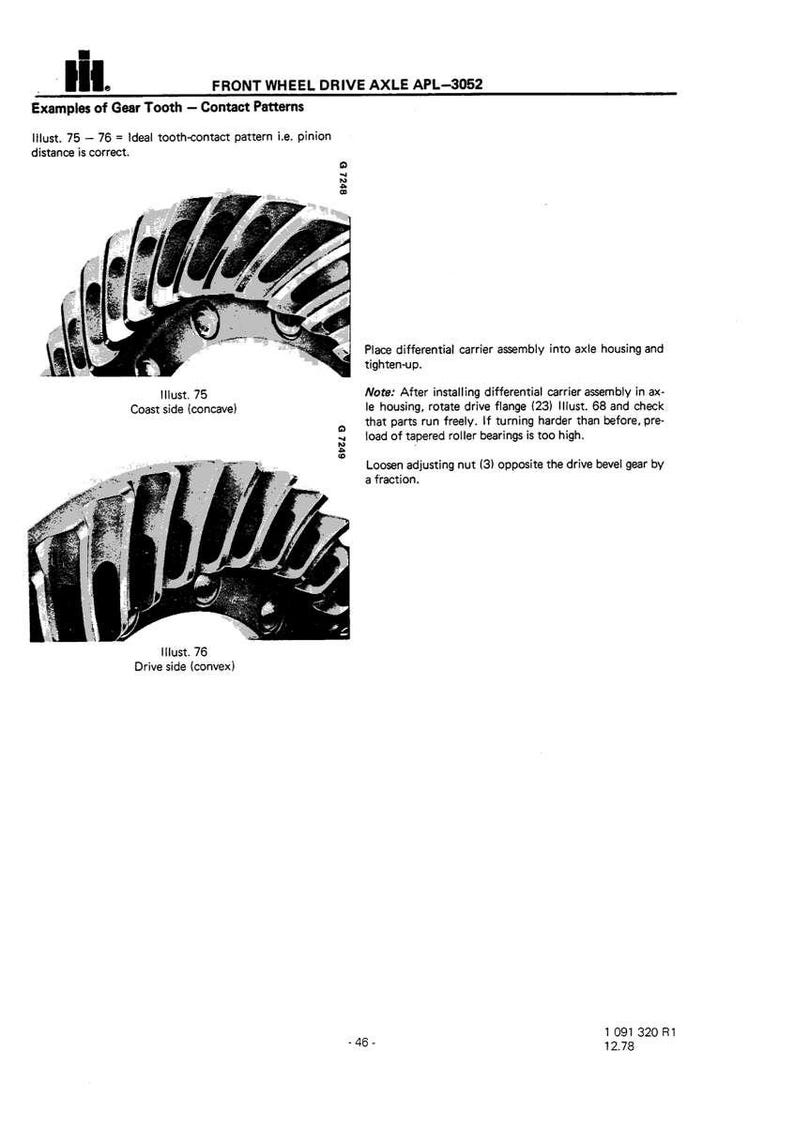Op de afbeelding: Diagram van een voorwielaandrijfas, APL-3052, met voorbeelden van tandwielcontactpatronen. Bevat illustraties van de kustzijde (concaaf) en de aandrijvingszijde (convex) van het tandwiel. Tekst geeft montage- en afstelinstructies.