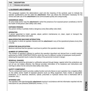 May include: A page from a manual for a hydraulic shear, featuring the CASE logo and "CS Series." The document outlines safety information, including definitions for dangerous areas, exposed persons, and operator qualifications. Text includes "Glossary and Symbols."